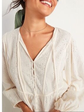 Old Navy Women’s Oversized Cream Cutwork Tie Neck Blouse